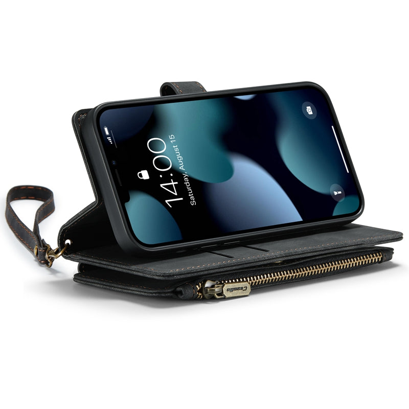 CASEME C30 Series for iPhone 13 Pro 6.1 inch All-round Protection Phone Wallet Case Stand Zipper Pocket PU Leather Magnetic Back Cover with Multiple Card Slots