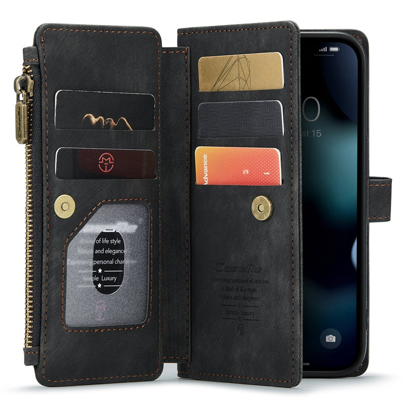 CASEME C30 Series for iPhone 13 Pro 6.1 inch All-round Protection Phone Wallet Case Stand Zipper Pocket PU Leather Magnetic Back Cover with Multiple Card Slots