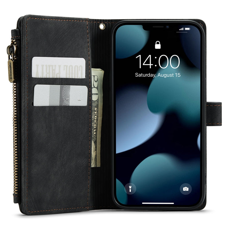 CASEME C30 Series for iPhone 13 Pro 6.1 inch All-round Protection Phone Wallet Case Stand Zipper Pocket PU Leather Magnetic Back Cover with Multiple Card Slots