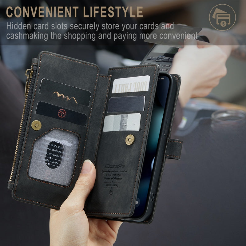CASEME C30 Series for iPhone 13 Pro 6.1 inch All-round Protection Phone Wallet Case Stand Zipper Pocket PU Leather Magnetic Back Cover with Multiple Card Slots