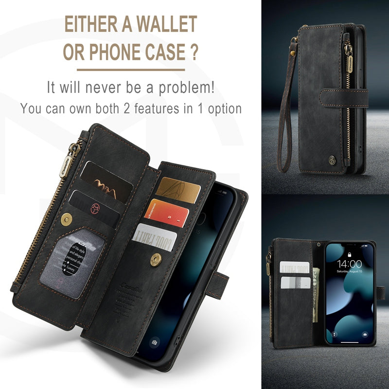CASEME C30 Series for iPhone 13 Pro 6.1 inch All-round Protection Phone Wallet Case Stand Zipper Pocket PU Leather Magnetic Back Cover with Multiple Card Slots
