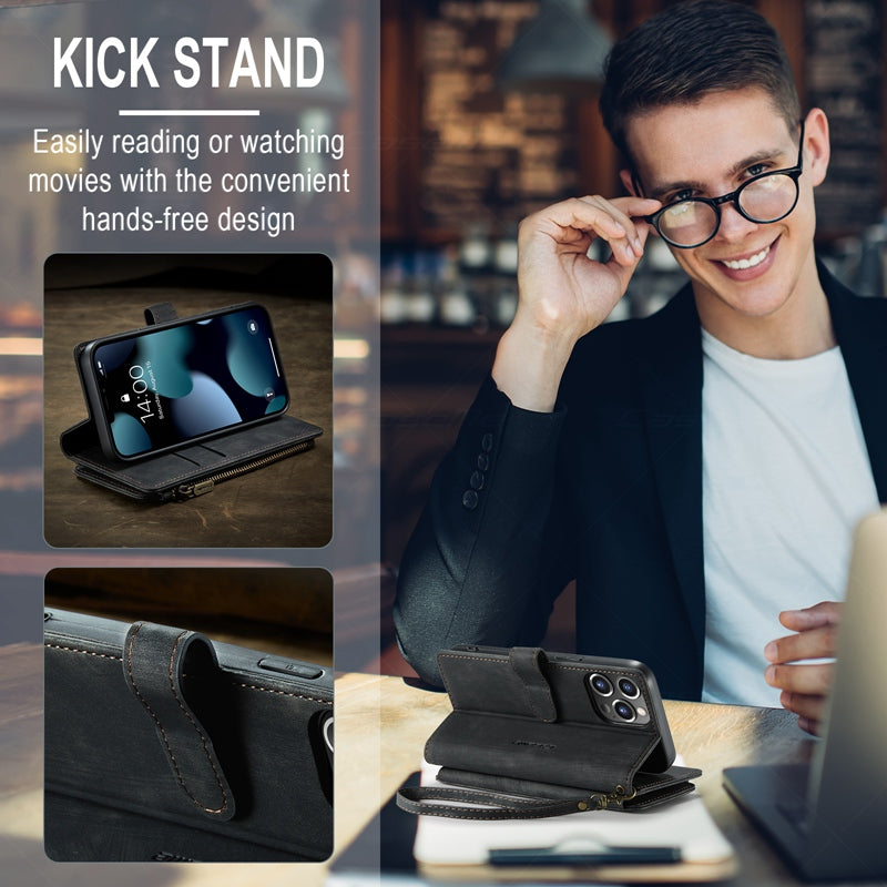 CASEME C30 Series for iPhone 13 Pro 6.1 inch All-round Protection Phone Wallet Case Stand Zipper Pocket PU Leather Magnetic Back Cover with Multiple Card Slots