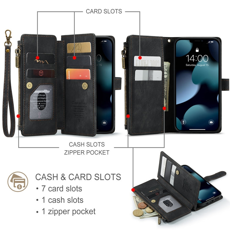 CASEME C30 Series for iPhone 13 Pro 6.1 inch All-round Protection Phone Wallet Case Stand Zipper Pocket PU Leather Magnetic Back Cover with Multiple Card Slots