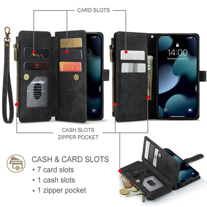 CASEME C30 Series for iPhone 13 Pro 6.1 inch All-round Protection Phone Wallet Case Stand Zipper Pocket PU Leather Magnetic Back Cover with Multiple Card Slots