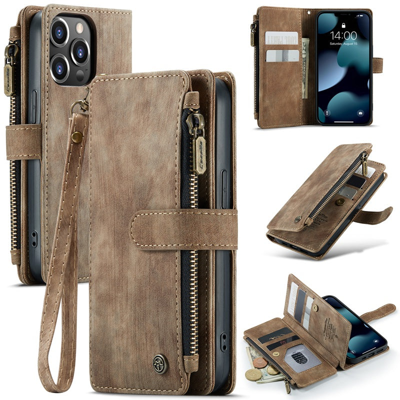 CASEME C30 Series for iPhone 13 Pro 6.1 inch All-round Protection Phone Wallet Case Stand Zipper Pocket PU Leather Magnetic Back Cover with Multiple Card Slots
