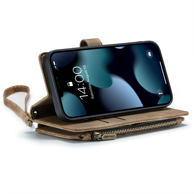 CASEME C30 Series for iPhone 13 Pro 6.1 inch All-round Protection Phone Wallet Case Stand Zipper Pocket PU Leather Magnetic Back Cover with Multiple Card Slots