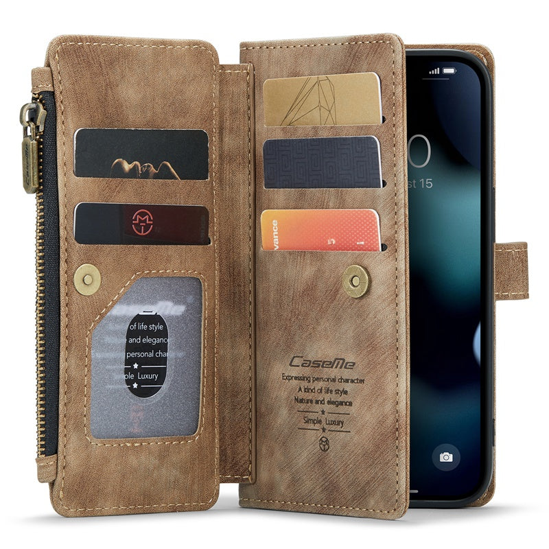 CASEME C30 Series for iPhone 13 Pro 6.1 inch All-round Protection Phone Wallet Case Stand Zipper Pocket PU Leather Magnetic Back Cover with Multiple Card Slots
