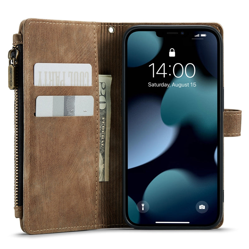 CASEME C30 Series for iPhone 13 Pro 6.1 inch All-round Protection Phone Wallet Case Stand Zipper Pocket PU Leather Magnetic Back Cover with Multiple Card Slots