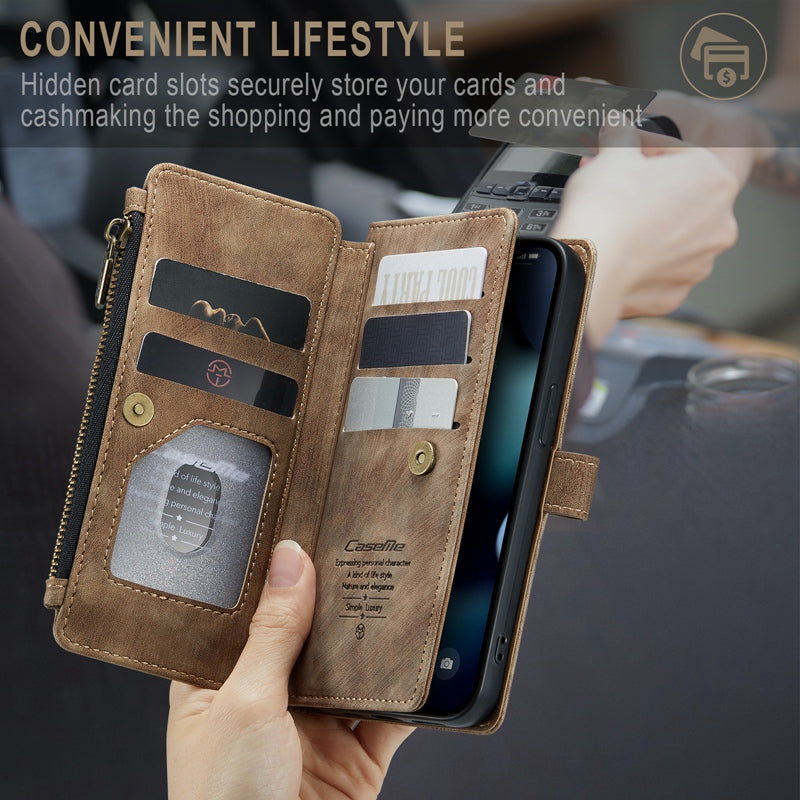 CASEME C30 Series for iPhone 13 Pro 6.1 inch All-round Protection Phone Wallet Case Stand Zipper Pocket PU Leather Magnetic Back Cover with Multiple Card Slots