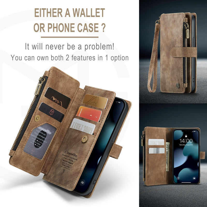 CASEME C30 Series for iPhone 13 Pro 6.1 inch All-round Protection Phone Wallet Case Stand Zipper Pocket PU Leather Magnetic Back Cover with Multiple Card Slots