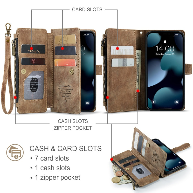 CASEME C30 Series for iPhone 13 Pro 6.1 inch All-round Protection Phone Wallet Case Stand Zipper Pocket PU Leather Magnetic Back Cover with Multiple Card Slots