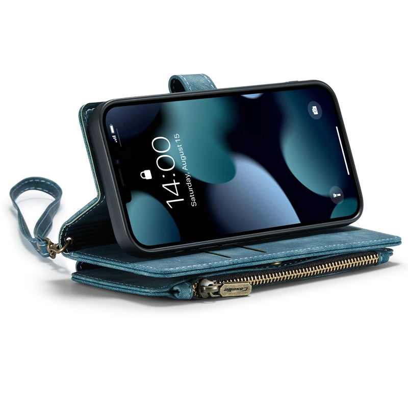 CASEME C30 Series for iPhone 13 Pro 6.1 inch All-round Protection Phone Wallet Case Stand Zipper Pocket PU Leather Magnetic Back Cover with Multiple Card Slots
