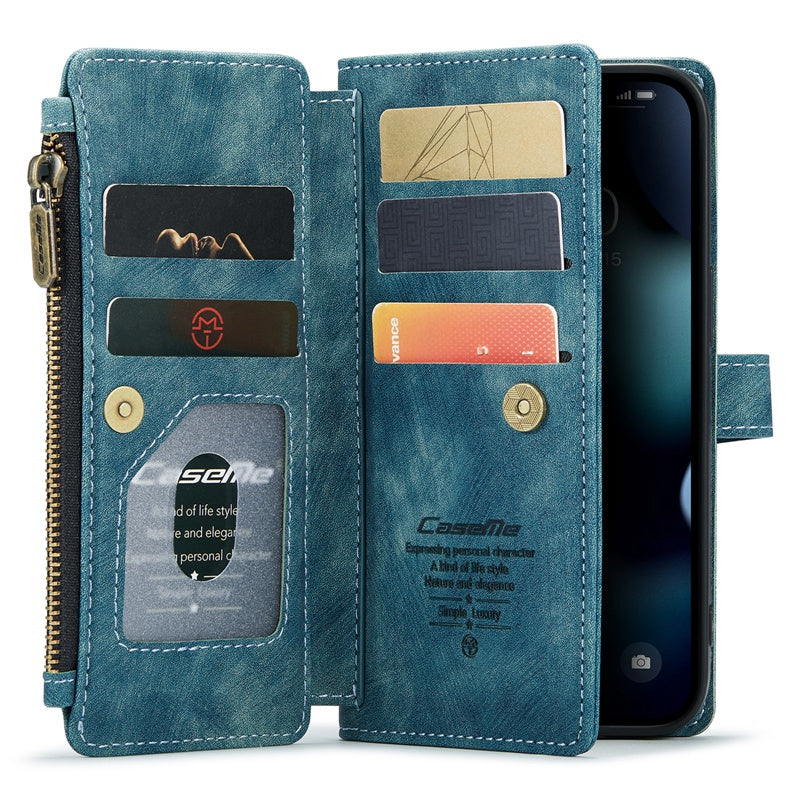 CASEME C30 Series for iPhone 13 Pro 6.1 inch All-round Protection Phone Wallet Case Stand Zipper Pocket PU Leather Magnetic Back Cover with Multiple Card Slots