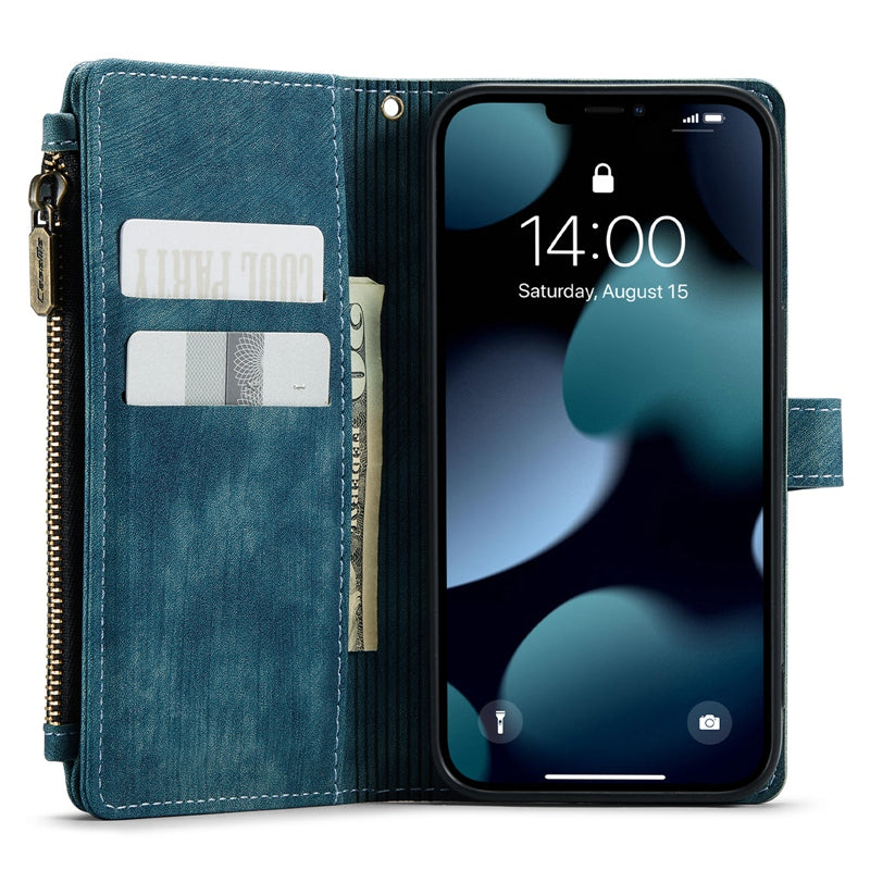 CASEME C30 Series for iPhone 13 Pro 6.1 inch All-round Protection Phone Wallet Case Stand Zipper Pocket PU Leather Magnetic Back Cover with Multiple Card Slots