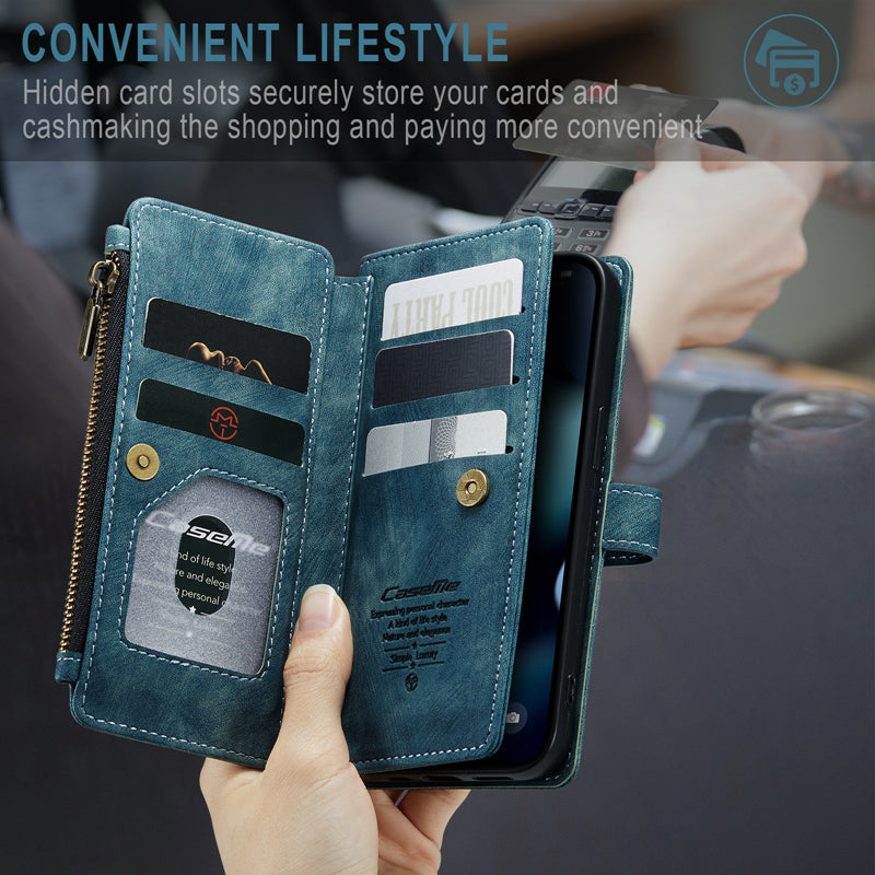 CASEME C30 Series for iPhone 13 Pro 6.1 inch All-round Protection Phone Wallet Case Stand Zipper Pocket PU Leather Magnetic Back Cover with Multiple Card Slots