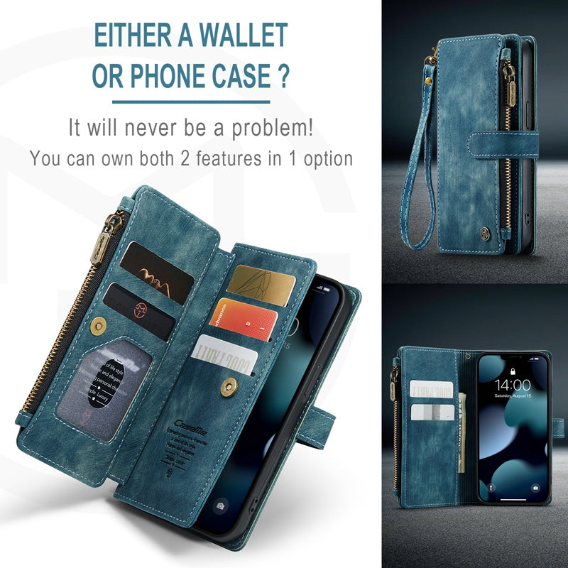 CASEME C30 Series for iPhone 13 Pro 6.1 inch All-round Protection Phone Wallet Case Stand Zipper Pocket PU Leather Magnetic Back Cover with Multiple Card Slots
