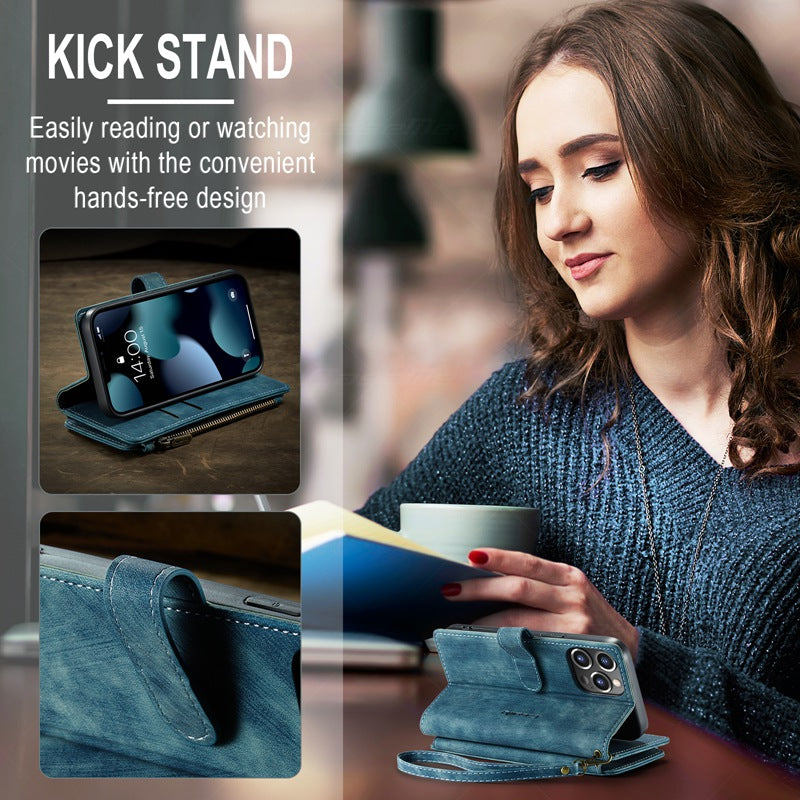 CASEME C30 Series for iPhone 13 Pro 6.1 inch All-round Protection Phone Wallet Case Stand Zipper Pocket PU Leather Magnetic Back Cover with Multiple Card Slots