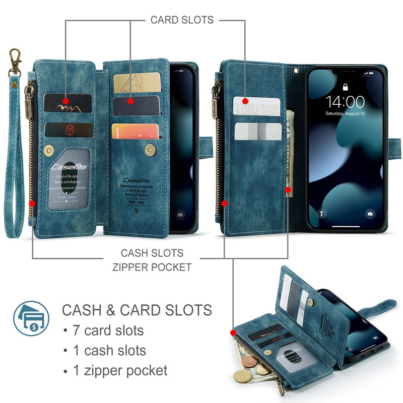 CASEME C30 Series for iPhone 13 Pro 6.1 inch All-round Protection Phone Wallet Case Stand Zipper Pocket PU Leather Magnetic Back Cover with Multiple Card Slots