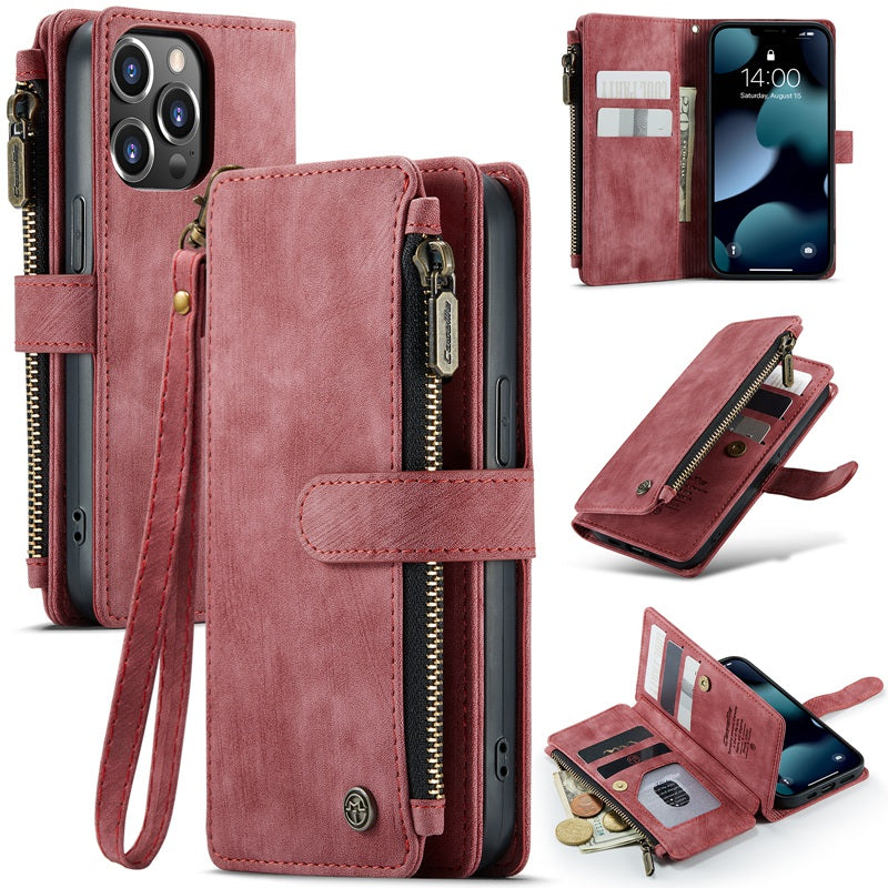 CASEME C30 Series for iPhone 13 Pro 6.1 inch All-round Protection Phone Wallet Case Stand Zipper Pocket PU Leather Magnetic Back Cover with Multiple Card Slots
