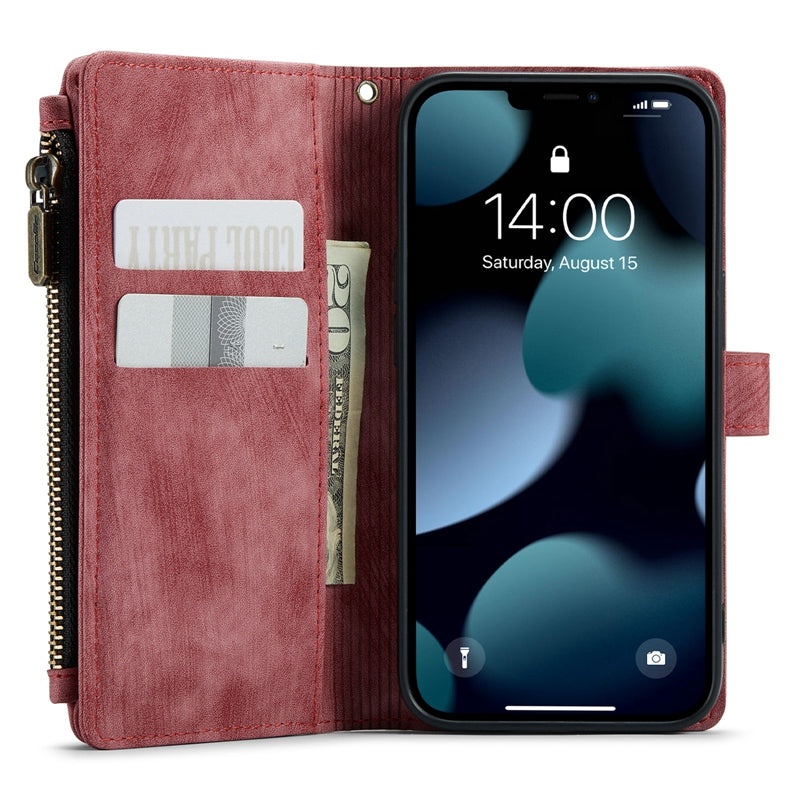 CASEME C30 Series for iPhone 13 Pro 6.1 inch All-round Protection Phone Wallet Case Stand Zipper Pocket PU Leather Magnetic Back Cover with Multiple Card Slots