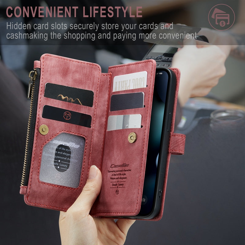 CASEME C30 Series for iPhone 13 Pro 6.1 inch All-round Protection Phone Wallet Case Stand Zipper Pocket PU Leather Magnetic Back Cover with Multiple Card Slots