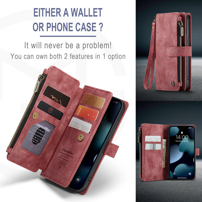CASEME C30 Series for iPhone 13 Pro 6.1 inch All-round Protection Phone Wallet Case Stand Zipper Pocket PU Leather Magnetic Back Cover with Multiple Card Slots