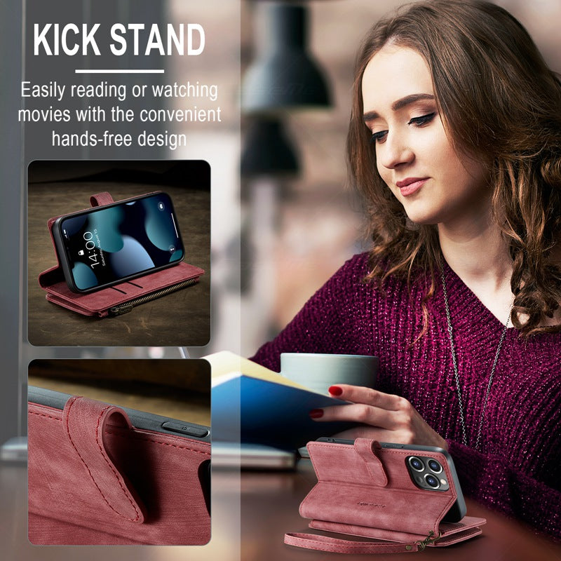 CASEME C30 Series for iPhone 13 Pro 6.1 inch All-round Protection Phone Wallet Case Stand Zipper Pocket PU Leather Magnetic Back Cover with Multiple Card Slots