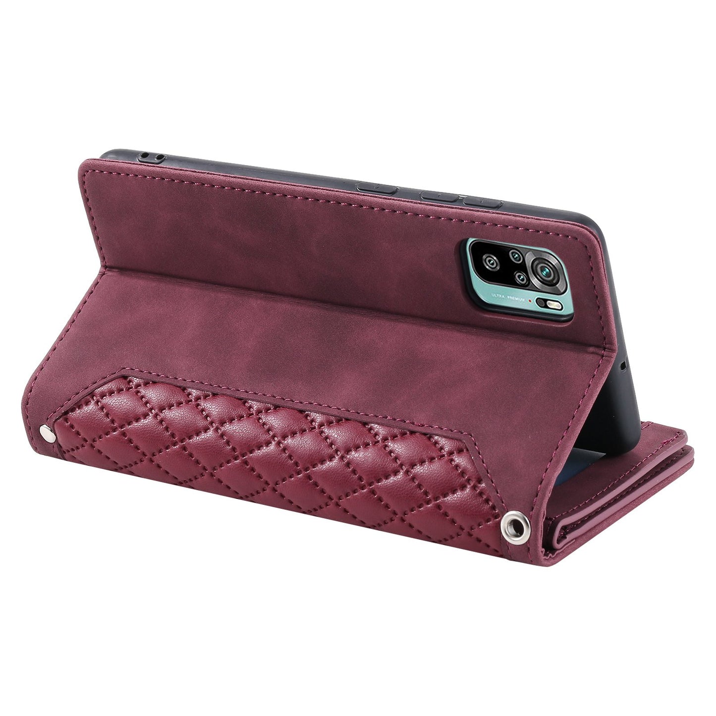 005 Style Phone Case for Xiaomi Poco M5s 4G / Redmi Note 10 4G / Redmi Note 10S 4G, Wear-resistant Anti-drop Leather Rhombus Texture Stand Wallet Cover with Zipper Pocket