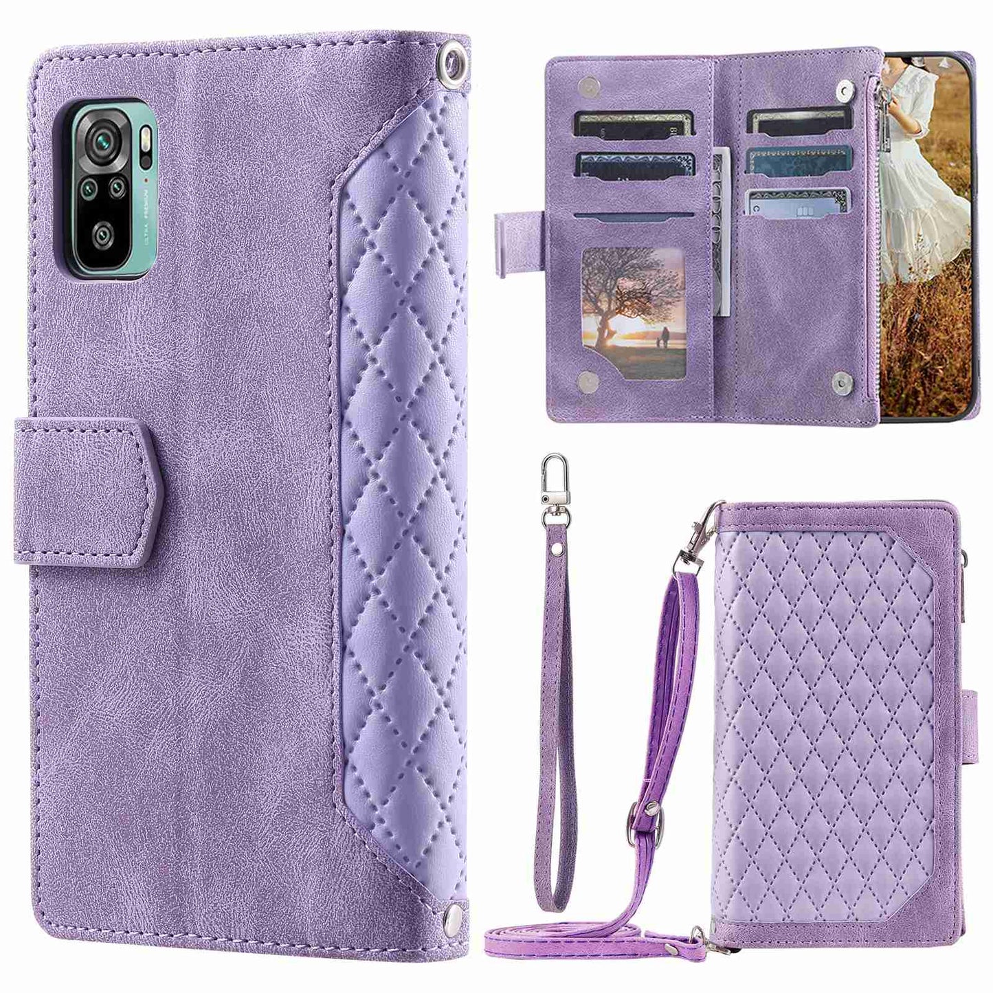 005 Style Phone Case for Xiaomi Poco M5s 4G / Redmi Note 10 4G / Redmi Note 10S 4G, Wear-resistant Anti-drop Leather Rhombus Texture Stand Wallet Cover with Zipper Pocket