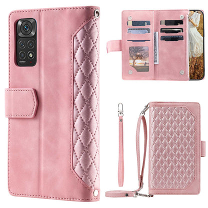 005 Style Phone Case for Xiaomi Redmi Note 11S 4G / Note 11 4G (Qualcomm), Leather Rhombus Texture Full Body Protection Stand Wallet Feature Cover with Zipper Pocket