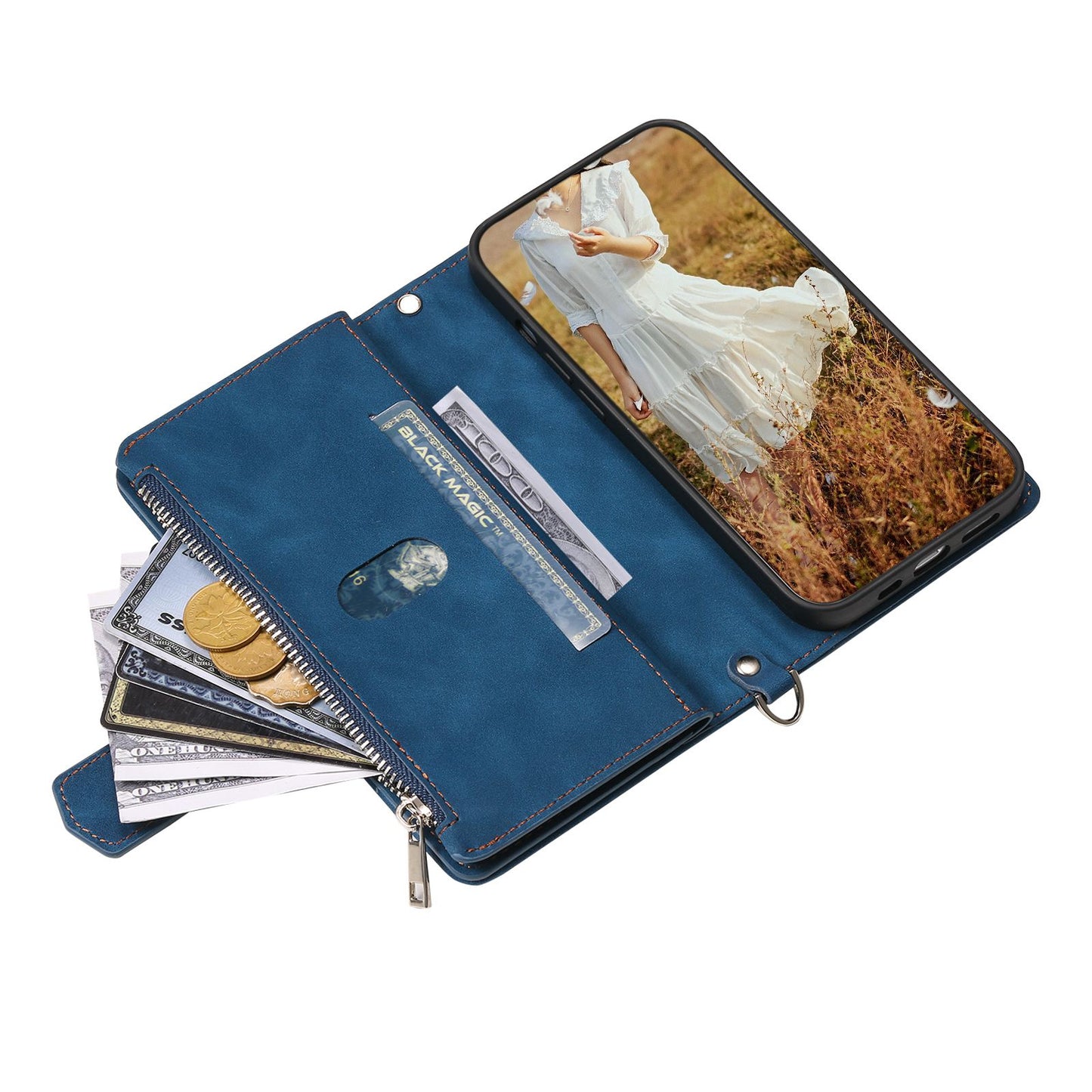 005 Style For Samsung Galaxy S22+ 5G, Anti-scratch Zipper Pocket Phone Cover Rhombus Texture PU Leather Wallet Case Stand with Strap