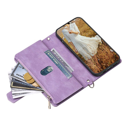 005 Style For Samsung Galaxy S22+ 5G, Anti-scratch Zipper Pocket Phone Cover Rhombus Texture PU Leather Wallet Case Stand with Strap