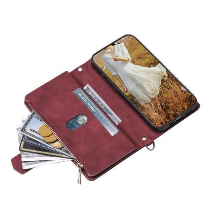 005 Style For Samsung Galaxy S22+ 5G, Anti-scratch Zipper Pocket Phone Cover Rhombus Texture PU Leather Wallet Case Stand with Strap