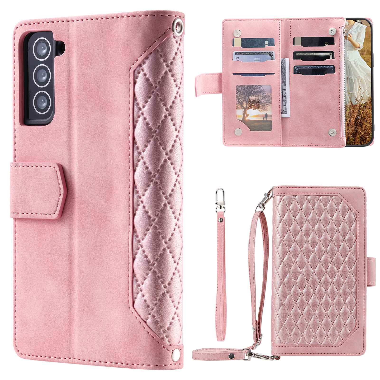 005 Style For Samsung Galaxy S21+ 5G, Drop-proof Phone Case PU Leather Rhombus Texture Zipper Pocket Wallet Cover Stand with Strap