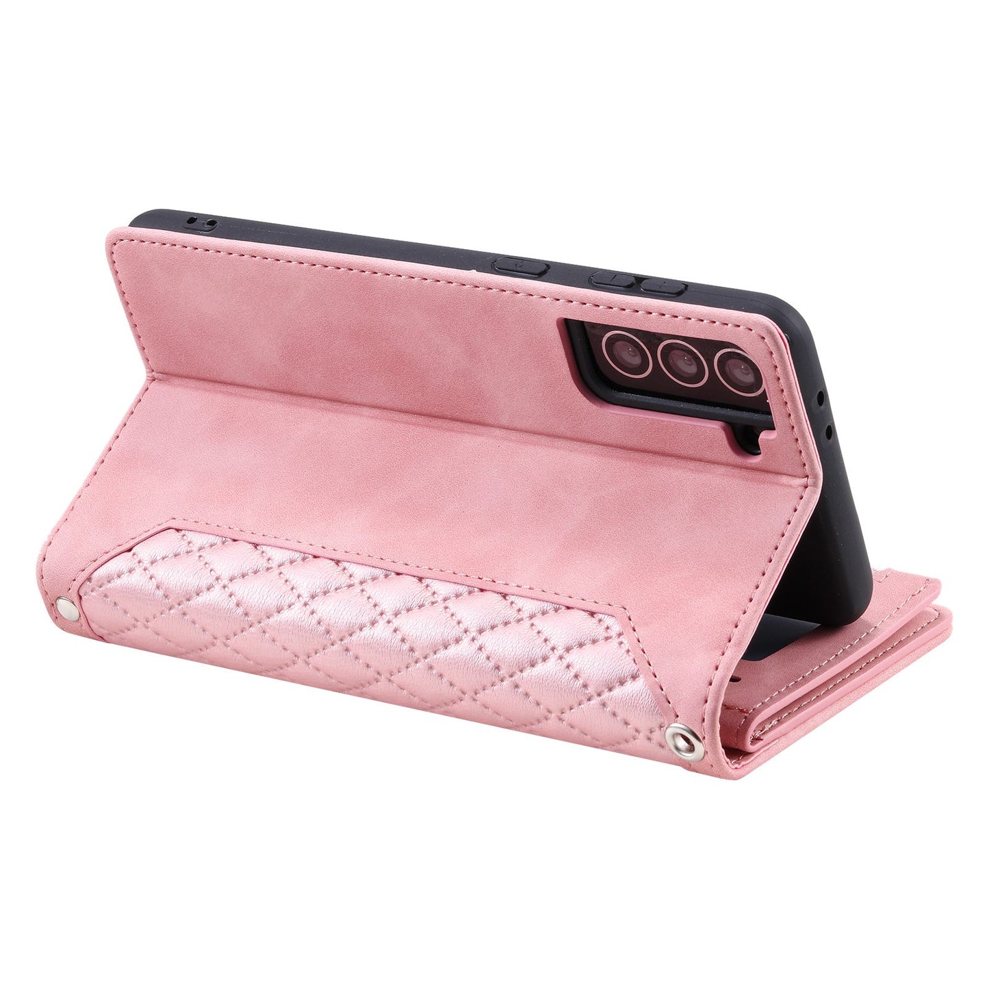 005 Style For Samsung Galaxy S21+ 5G, Drop-proof Phone Case PU Leather Rhombus Texture Zipper Pocket Wallet Cover Stand with Strap