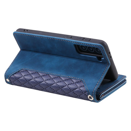 005 Style For Samsung Galaxy S21+ 5G, Drop-proof Phone Case PU Leather Rhombus Texture Zipper Pocket Wallet Cover Stand with Strap