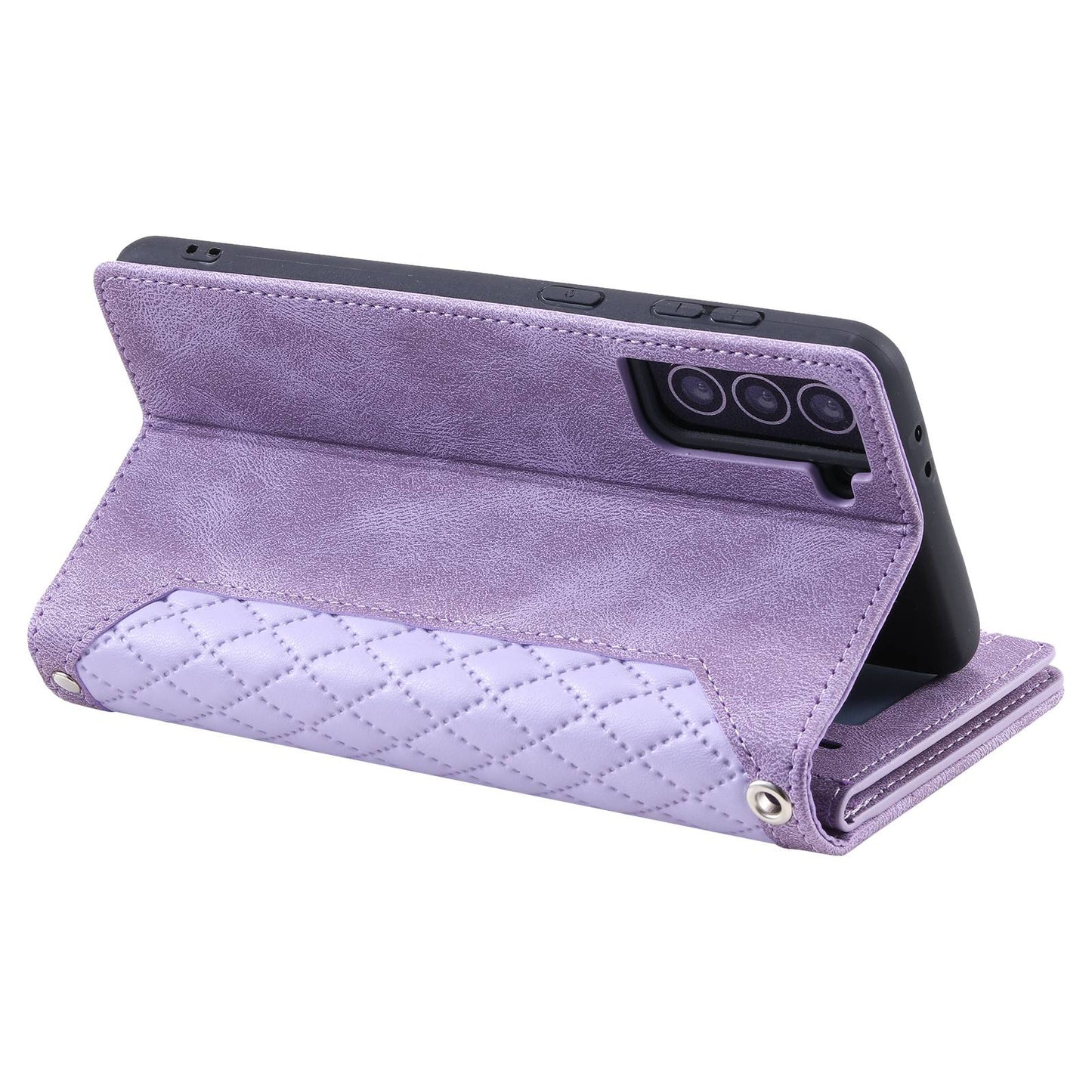 005 Style For Samsung Galaxy S21+ 5G, Drop-proof Phone Case PU Leather Rhombus Texture Zipper Pocket Wallet Cover Stand with Strap