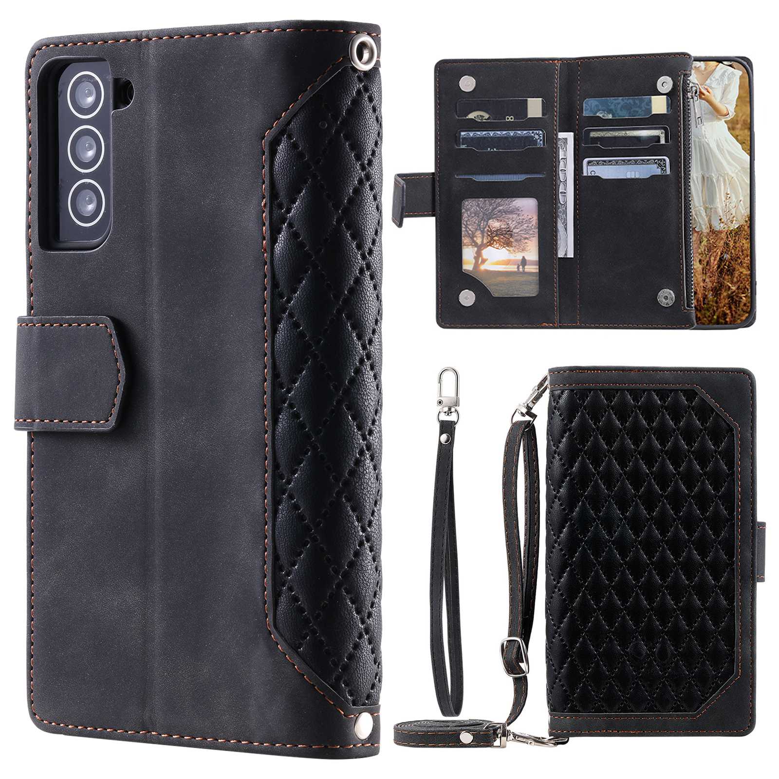 005 Style For Samsung Galaxy S21+ 5G, Drop-proof Phone Case PU Leather Rhombus Texture Zipper Pocket Wallet Cover Stand with Strap