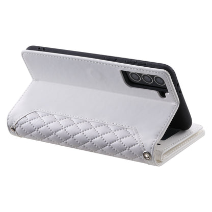 005 Style For Samsung Galaxy S21+ 5G, Drop-proof Phone Case PU Leather Rhombus Texture Zipper Pocket Wallet Cover Stand with Strap