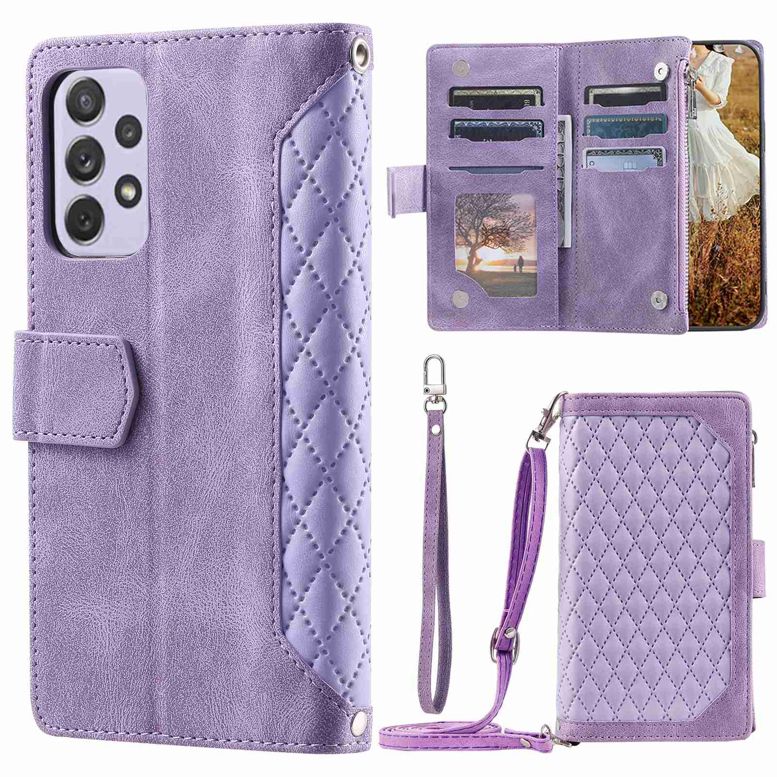005 Style For Samsung Galaxy A52 4G / 5G / A52s 5G, Rhombus Texture PU Leather Stand Phone Case Zipper Pocket Wallet Style Shell with Strap