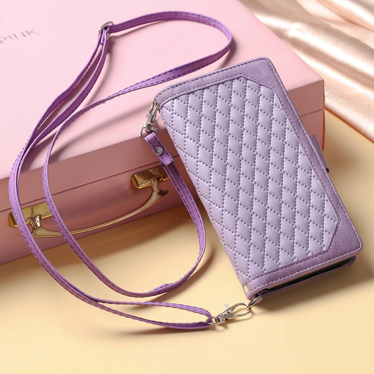 005 Style For Samsung Galaxy A52 4G / 5G / A52s 5G, Rhombus Texture PU Leather Stand Phone Case Zipper Pocket Wallet Style Shell with Strap