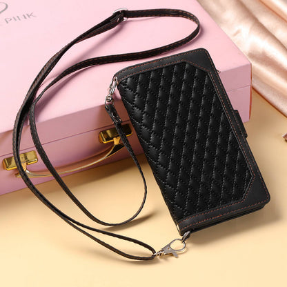 005 Style For Samsung Galaxy A52 4G / 5G / A52s 5G, Rhombus Texture PU Leather Stand Phone Case Zipper Pocket Wallet Style Shell with Strap
