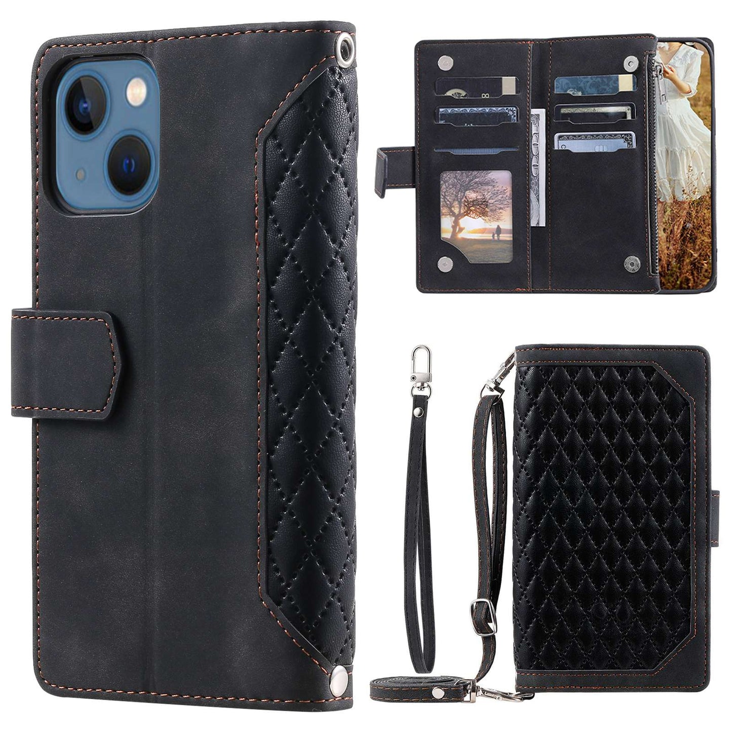 005 Style For iPhone 14 6.1 inch, Shockproof Zipper Pocket Flip Wallet Case Stand PU Leather Rhombus Texture Protective Phone Cover with Strap Card Holder
