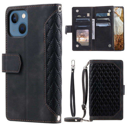005 Style For iPhone 14 6.1 inch, Shockproof Zipper Pocket Flip Wallet Case Stand PU Leather Rhombus Texture Protective Phone Cover with Strap Card Holder