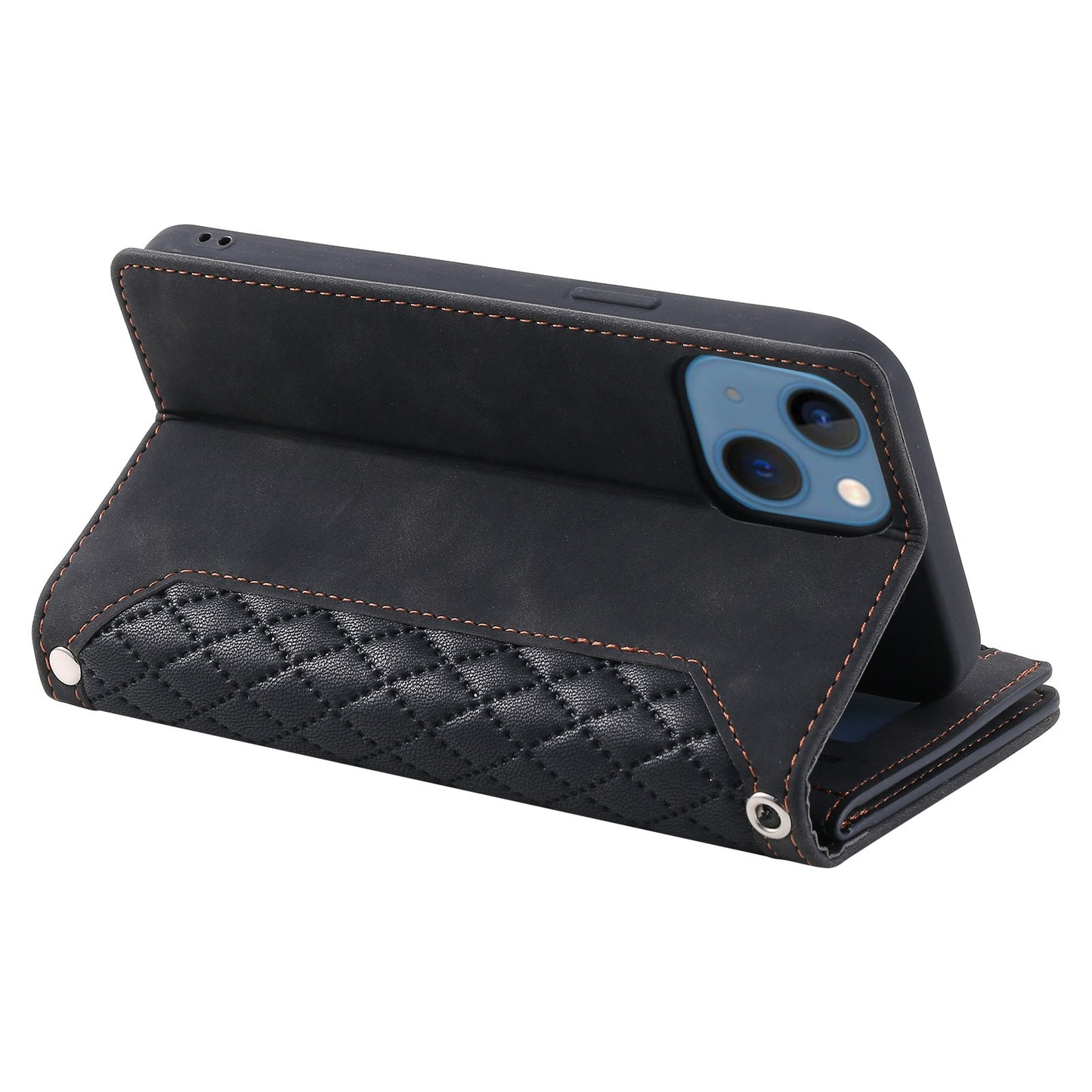 005 Style For iPhone 14 6.1 inch, Shockproof Zipper Pocket Flip Wallet Case Stand PU Leather Rhombus Texture Protective Phone Cover with Strap Card Holder