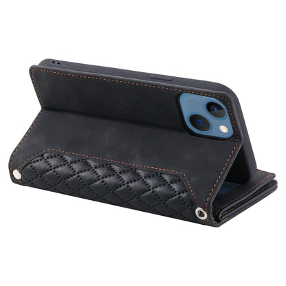 005 Style For iPhone 14 6.1 inch, Shockproof Zipper Pocket Flip Wallet Case Stand PU Leather Rhombus Texture Protective Phone Cover with Strap Card Holder