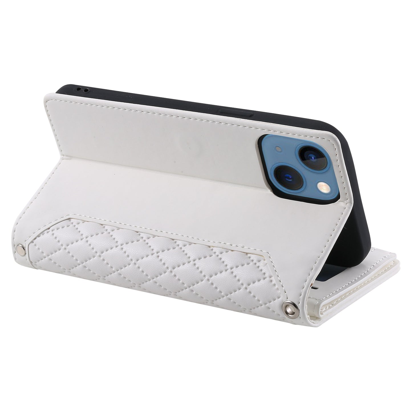 005 Style For iPhone 14 6.1 inch, Shockproof Zipper Pocket Flip Wallet Case Stand PU Leather Rhombus Texture Protective Phone Cover with Strap Card Holder