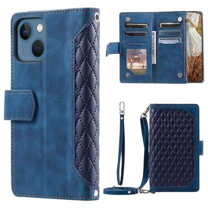005 Style For iPhone 14 6.1 inch, Shockproof Zipper Pocket Flip Wallet Case Stand PU Leather Rhombus Texture Protective Phone Cover with Strap Card Holder