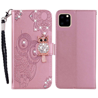 Rhinestone Decor Leather Case for iPhone 14 6.1 inch, Owl Flower Imprinted Phone Wallet Stand Cover