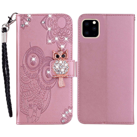 Rhinestone Decor Leather Case for iPhone 14 6.1 inch, Owl Flower Imprinted Phone Wallet Stand Cover